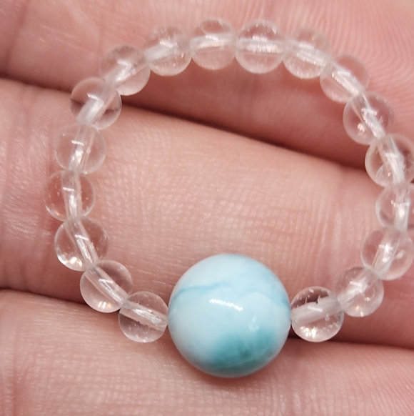 Larimar & Clear Quartz Beaded Ring | Ocean Blue Crystal Ring | Stretch - Picture 5 of 8
